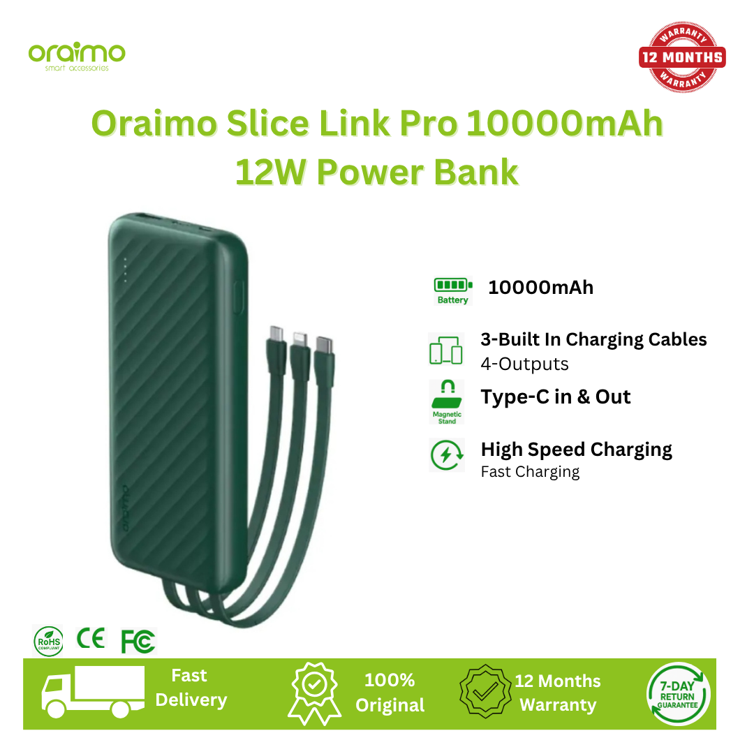 [Anniversary Special] Oraimo Slice Link 10000mAh 12W Power Bank 3 Built-in Charging Cables and 4 Outputs 12W Fast Charging 12W Fast Charging Universal Compatibility Multi-protection System Power Bank