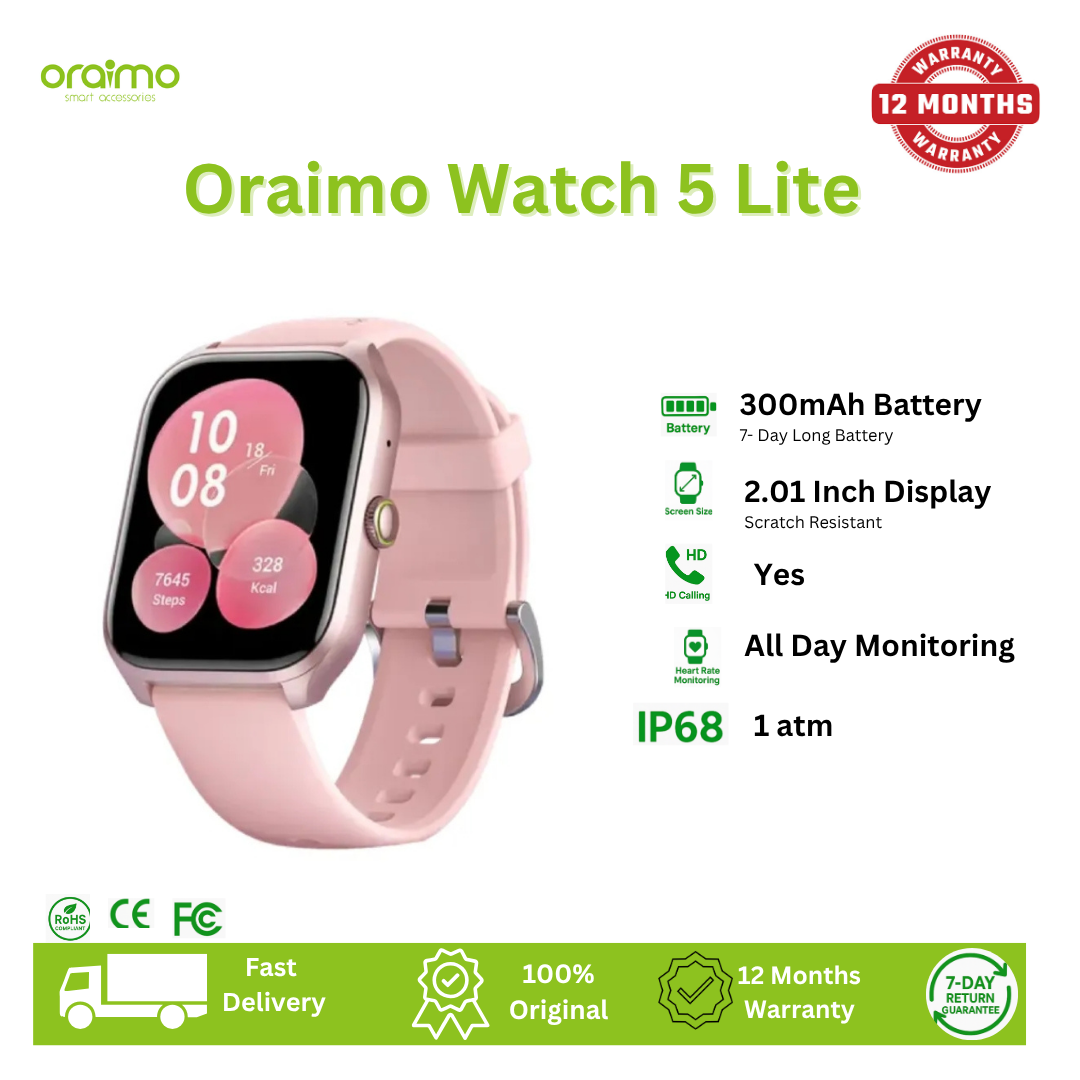 [Anniversay Deal] Oraimo Watch 5 Lite 2.01" HD IP68 Smart Watch AI-Generated Watch Faces Time Wireless HD Calling Blood Oxygen & Heart Rate Monitor IP68 Waterproof & Dustproof Smartwatch