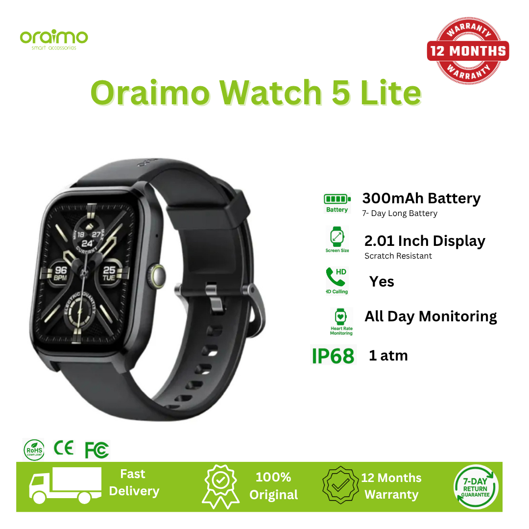 [Anniversay Deal] Oraimo Watch 5 Lite 2.01" HD IP68 Smart Watch AI-Generated Watch Faces Time Wireless HD Calling Blood Oxygen & Heart Rate Monitor IP68 Waterproof & Dustproof Smartwatch