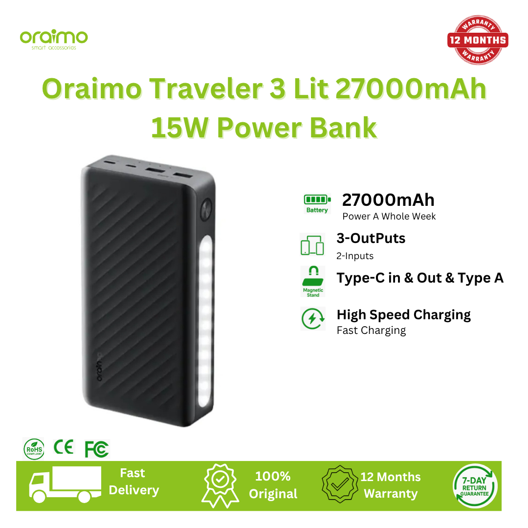 [Limited Offer] Oraimo Traveler 3 Lit 27000mAh 15W Power Bank Type-C In & Out 15W Two-way Fast Charging Dual Input Triple Outputs Fast Charge, Universal Compatibility Power Bank