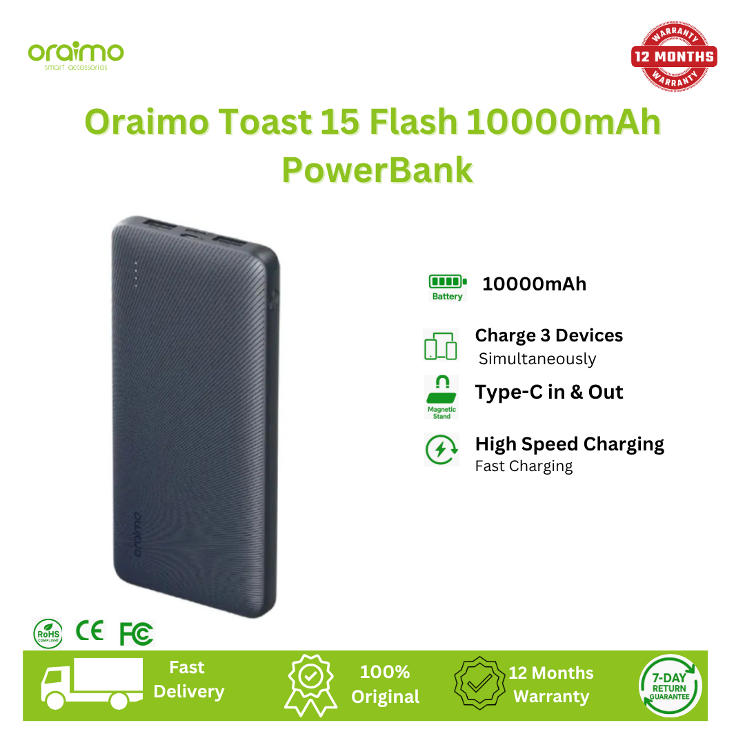 [Anniversary Special] Oraimo Toast 15 Flash 10000mAh Fast Charging Power Bank 3 Output Ports Charge Up to 3 Devices Simultaneously Type-C In & Out Wide Compatibility Power Bank