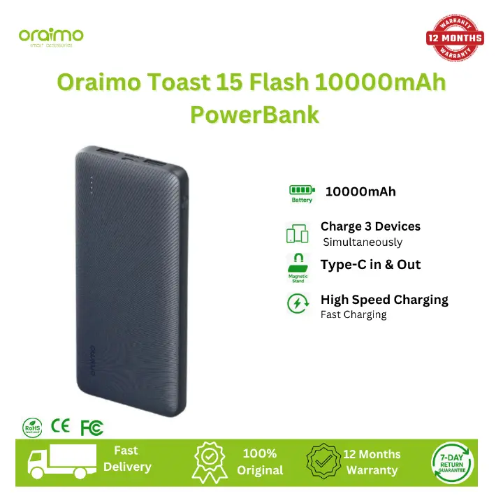 [Anniversary Special] Oraimo Toast 15 Flash 10000mAh Fast Charging Power Bank 3 Output Ports Charge Up to 3 Devices Simultaneously Type-C In & Out Wide Compatibility Power Bank