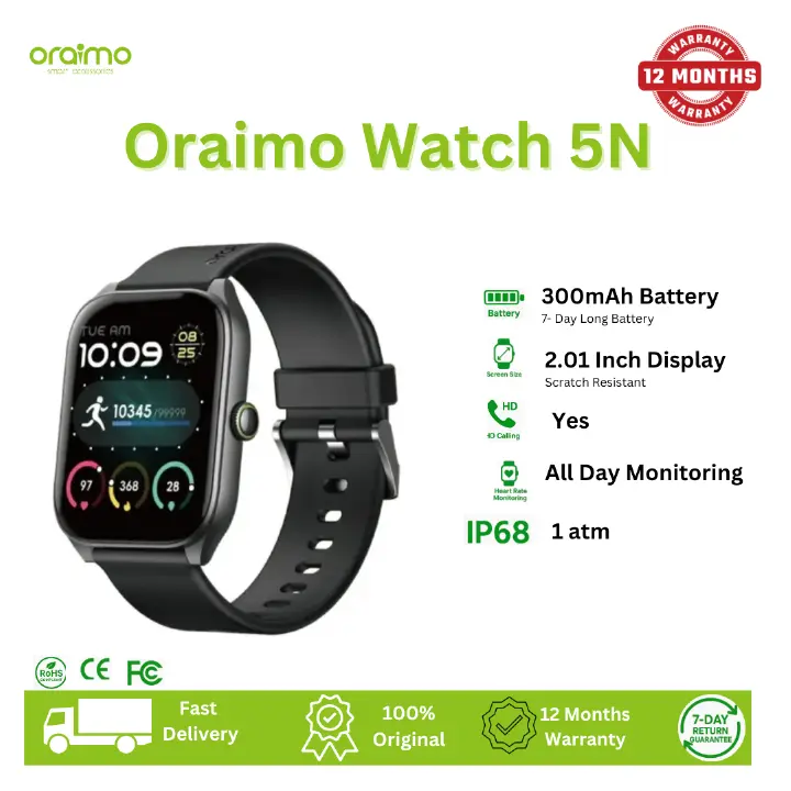 Oraimo Watch 5N 2.01'' TFT IP68 Smart Watch Up to 7-Day Usage Time 30-Day Standby Wireless HD Calling 100+ Sport Modes IP68 Waterproof & Dustproof AI-Generated Watch Faces Smartwatch