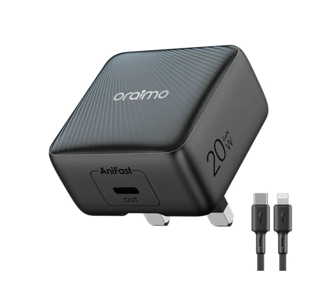 [Brand New] Oraimo PowerCube 20 Chic 20W GaN Wall Charger Kit with Type-C to Lightning Cable Stable Charge, Ultra Fast AniFast™ Technology Included Type-C to Lightning Power Adapter