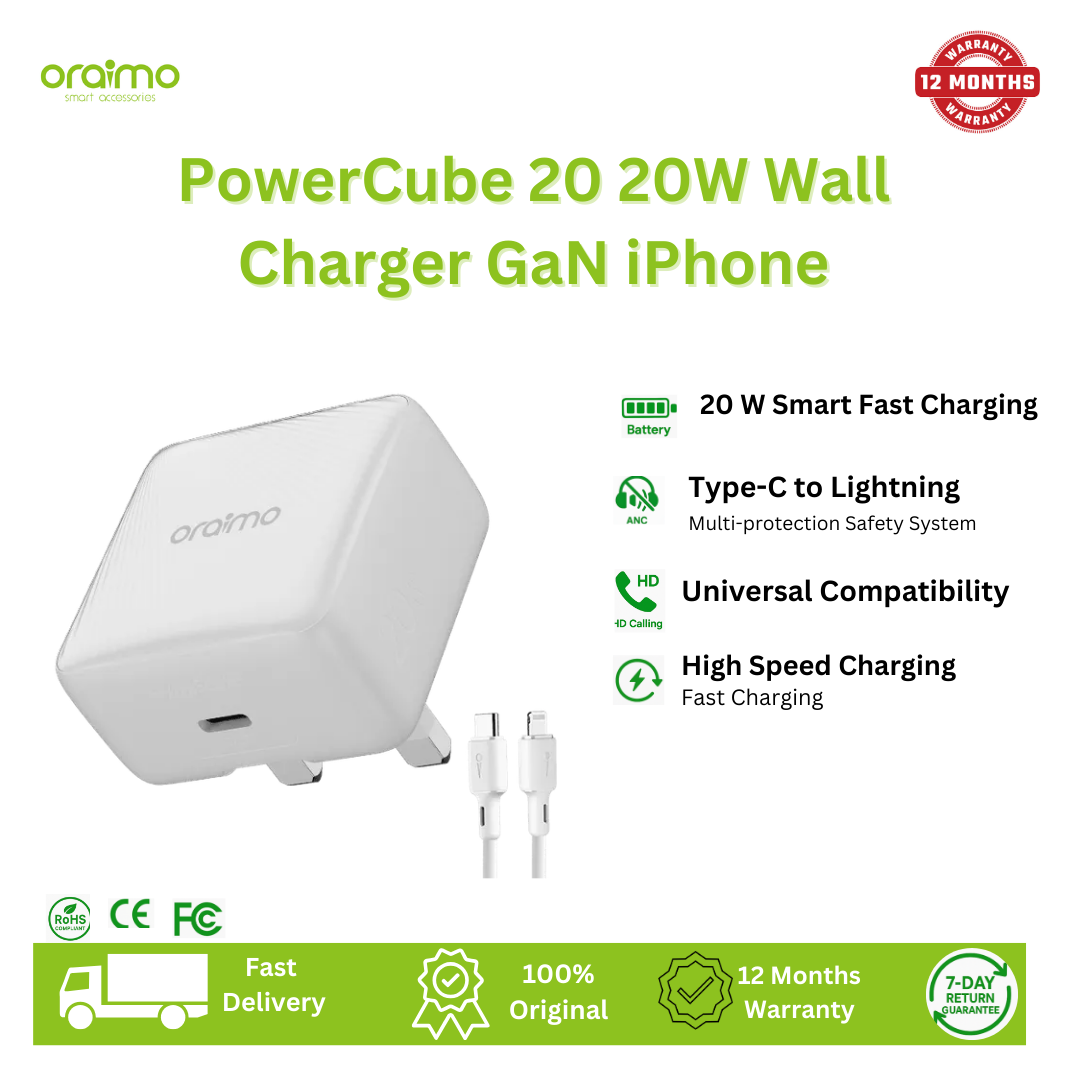 [Brand New] Oraimo PowerCube 20 Chic 20W GaN Wall Charger Kit with Type-C to Lightning Cable Stable Charge, Ultra Fast AniFast™ Technology Included Type-C to Lightning Power Adapter