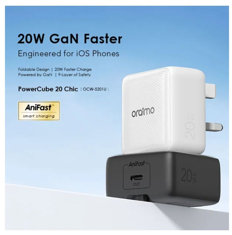 [Brand New] Oraimo PowerCube 20 Chic 20W GaN Wall Charger Kit with Type-C to Lightning Cable Stable Charge, Ultra Fast AniFast™ Technology Included Type-C to Lightning Power Adapter