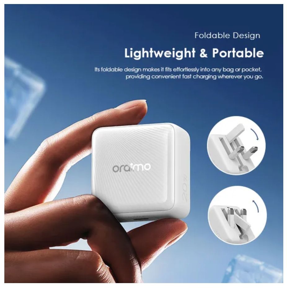 [Brand New] Oraimo PowerCube 20 Chic 20W GaN Wall Charger Kit with Type-C to Lightning Cable Stable Charge, Ultra Fast AniFast™ Technology Included Type-C to Lightning Power Adapter