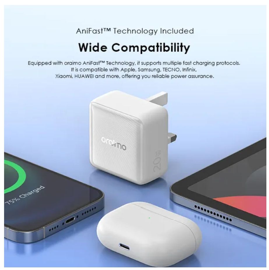 [Brand New] Oraimo PowerCube 20 Chic 20W GaN Wall Charger Kit with Type-C to Lightning Cable Stable Charge, Ultra Fast AniFast™ Technology Included Type-C to Lightning Power Adapter