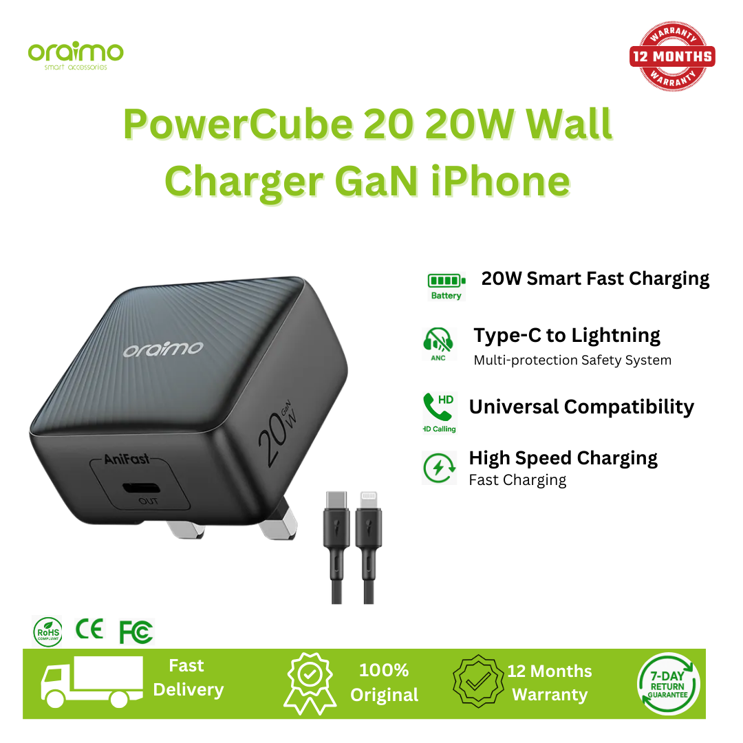 [Brand New] Oraimo PowerCube 20 Chic 20W GaN Wall Charger Kit with Type-C to Lightning Cable Stable Charge, Ultra Fast AniFast™ Technology Included Type-C to Lightning Power Adapter