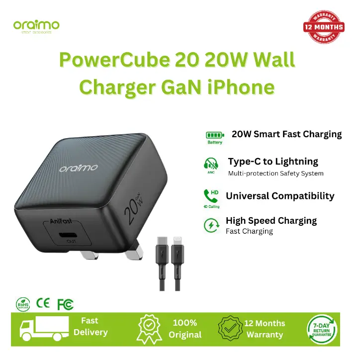 [Brand New] Oraimo PowerCube 20 Chic 20W GaN Wall Charger Kit with Type-C to Lightning Cable Stable Charge, Ultra Fast AniFast™ Technology Included Type-C to Lightning Power Adapter