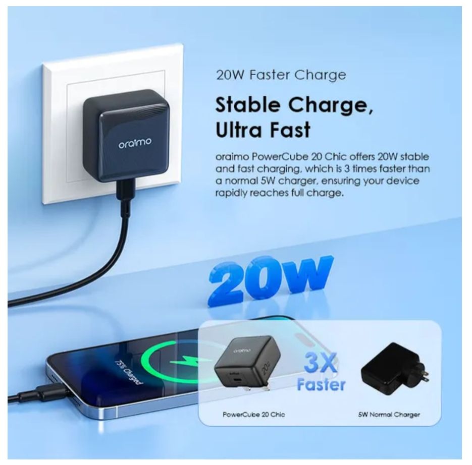 [Brand New] Oraimo PowerCube 20 Chic 20W GaN Wall Charger Kit with Type-C to Lightning Cable Stable Charge, Ultra Fast AniFast™ Technology Included Type-C to Lightning Power Adapter