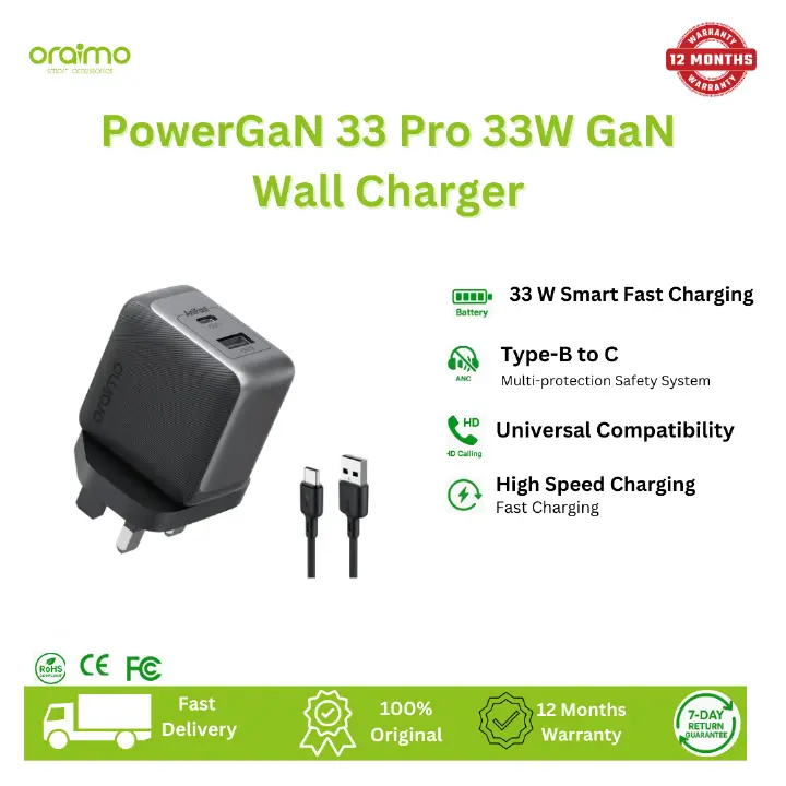 [Brand New] Oraimo PowerGaN 33 Pro 33W Wall Charger Kit 33W Super Fast Charging Pro-grade GaN Technology Universal Compatibility Excellent Protection Ultra Stable Charger Adapter