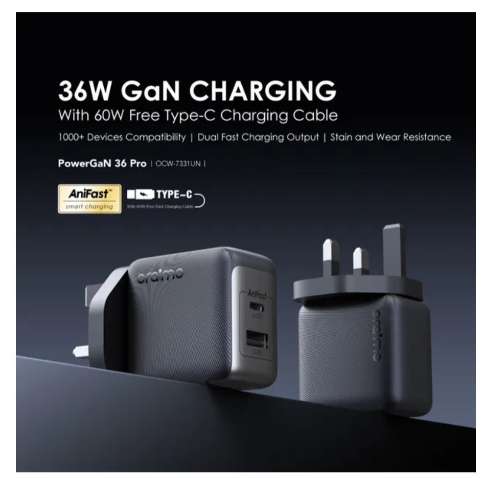[Brand New] Oraimo PowerGaN 36 Pro 36W Wall Charger Kit 36W Super Fast Charging Pro-grade GaN Technology Universal Power Up 1000+ Compatibility Excellent Protection Ultra Stable Charger Adapter