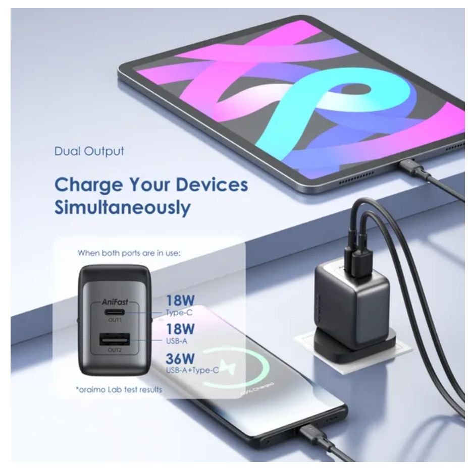 [Brand New] Oraimo PowerGaN 36 Pro 36W Wall Charger Kit 36W Super Fast Charging Pro-grade GaN Technology Universal Power Up 1000+ Compatibility Excellent Protection Ultra Stable Charger Adapter