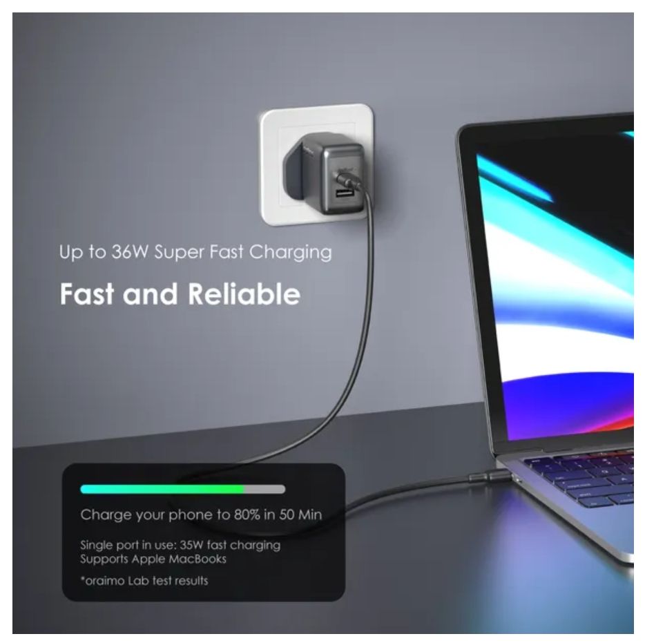 [Brand New] Oraimo PowerGaN 36 Pro 36W Wall Charger Kit 36W Super Fast Charging Pro-grade GaN Technology Universal Power Up 1000+ Compatibility Excellent Protection Ultra Stable Charger Adapter