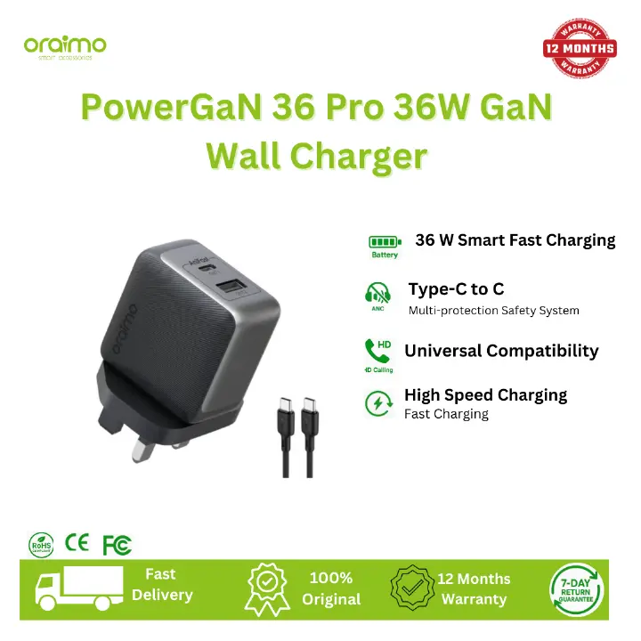 [Brand New] Oraimo PowerGaN 36 Pro 36W Wall Charger Kit 36W Super Fast Charging Pro-grade GaN Technology Universal Power Up 1000+ Compatibility Excellent Protection Ultra Stable Charger Adapter