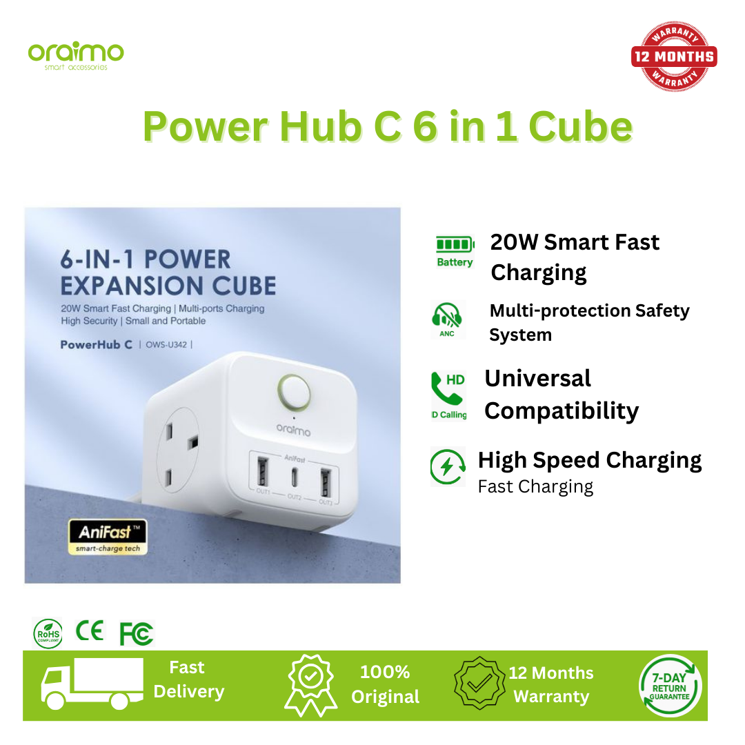 [Brand New] Oraimo PowerHub C 6in1 Cube   Compact  Multi-functional Power Expansion hub Fast charging High safety Fast Charger 20W Smart Fast Charging-Powered by AniFast™ Technology