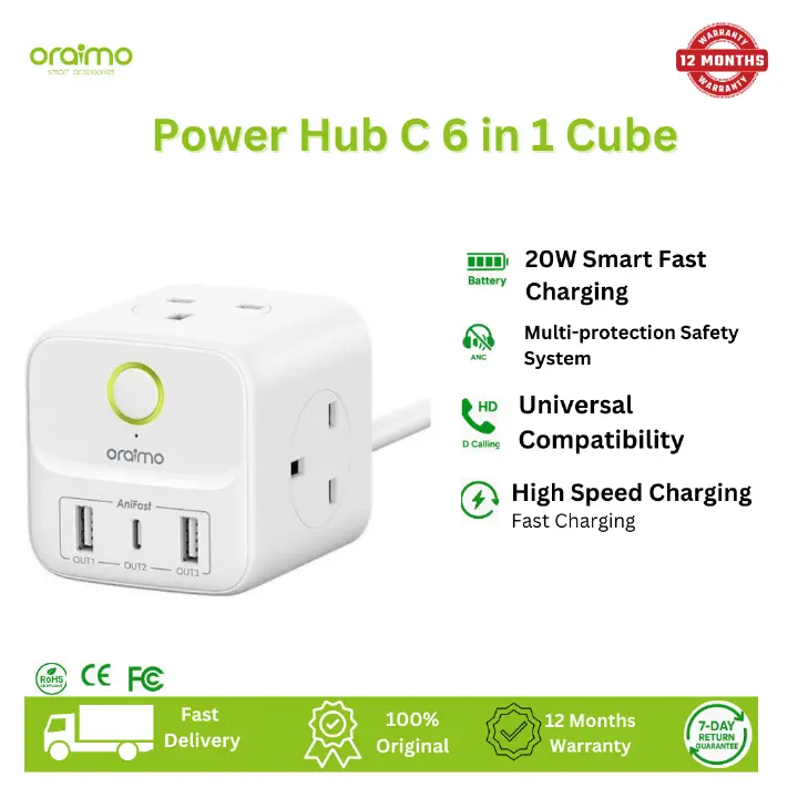 [Brand New] Oraimo PowerHub C 6in1 Cube   Compact  Multi-functional Power Expansion hub Fast charging High safety Fast Charger 20W Smart Fast Charging-Powered by AniFast™ Technology