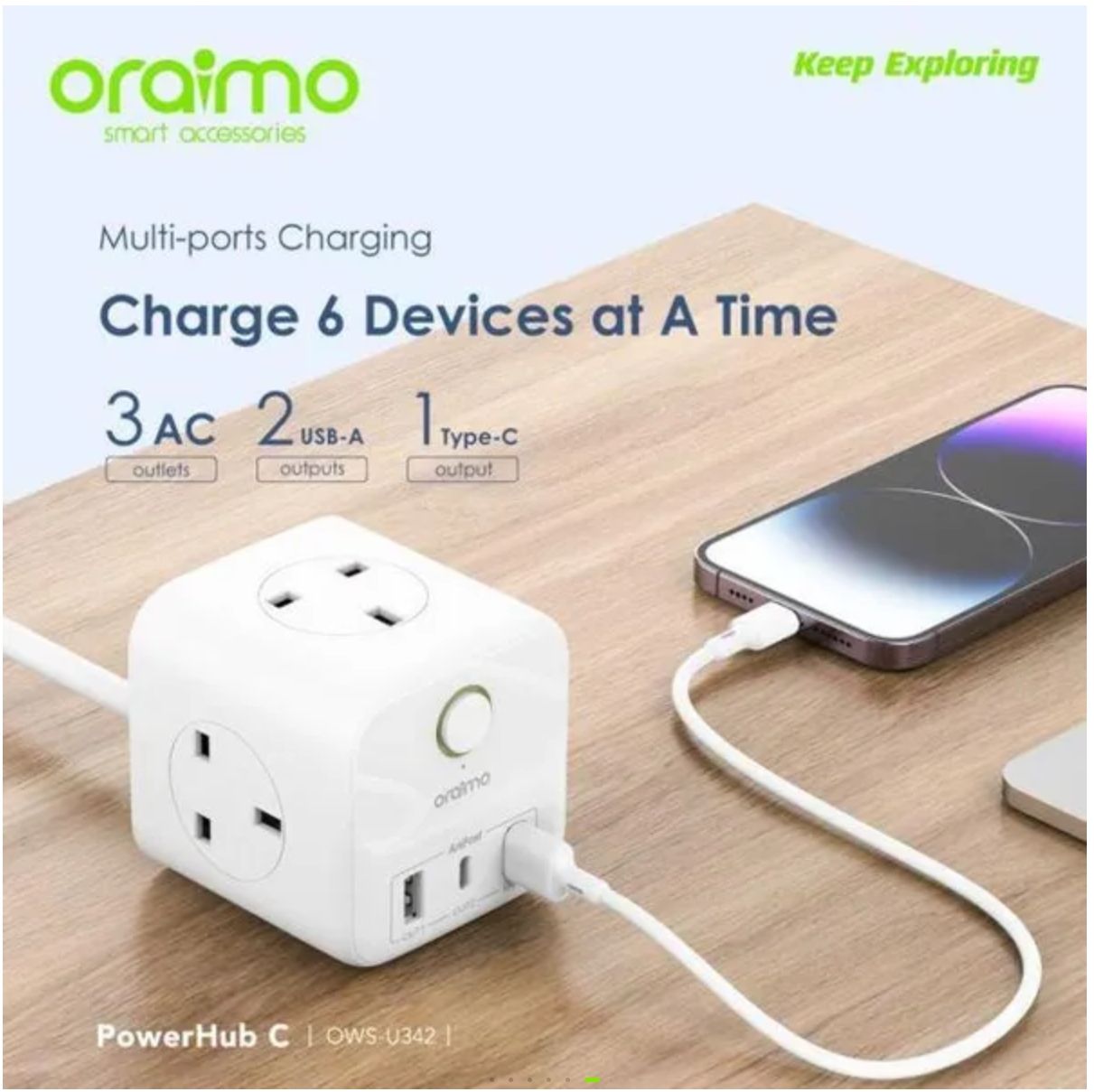 [Brand New] Oraimo PowerHub C 6in1 Cube   Compact  Multi-functional Power Expansion hub Fast charging High safety Fast Charger 20W Smart Fast Charging-Powered by AniFast™ Technology