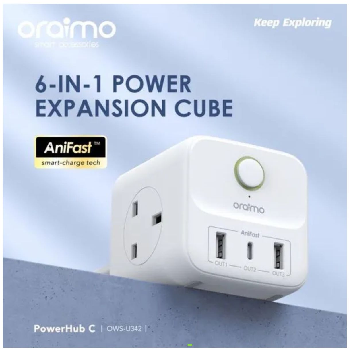 [Brand New] Oraimo PowerHub C 6in1 Cube   Compact  Multi-functional Power Expansion hub Fast charging High safety Fast Charger 20W Smart Fast Charging-Powered by AniFast™ Technology