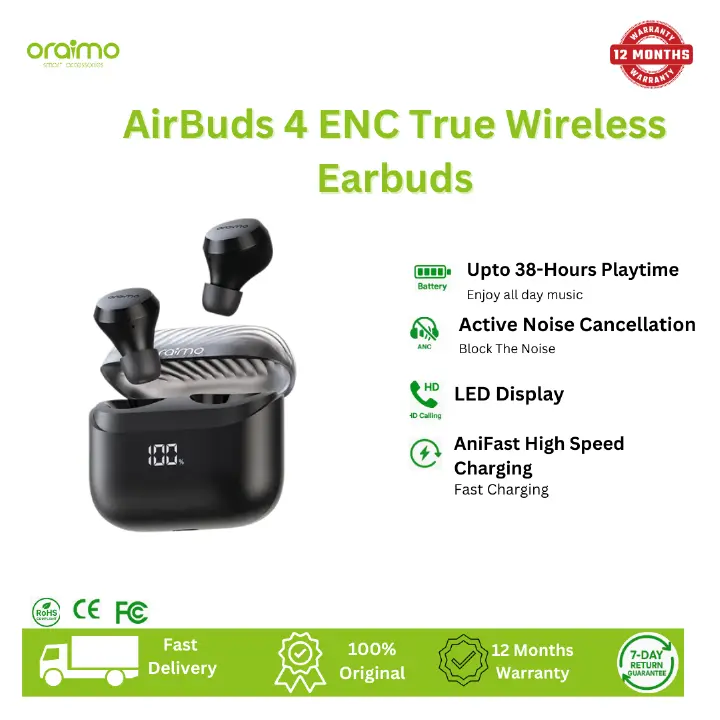 [Brand New] Oraimo AirBuds 4 ENC True Wireless Earbuds Up to 38-hour Playtime Immersive Gaming 4-mic Noise Cancellation in Calls Smart LED Power Display Thumping Bass ANC Earbuds Earphones