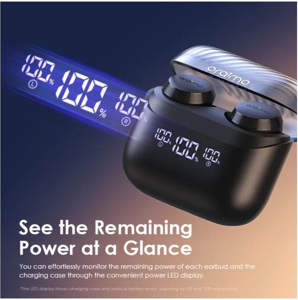 [Brand New] Oraimo AirBuds 4 ENC True Wireless Earbuds Up to 38-hour Playtime Immersive Gaming 4-mic Noise Cancellation in Calls Smart LED Power Display Thumping Bass ANC Earbuds Earphones