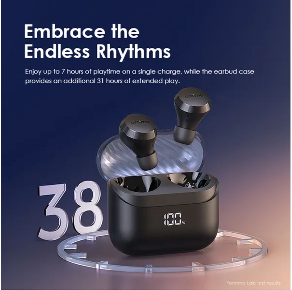 [Brand New] Oraimo AirBuds 4 ENC True Wireless Earbuds Up to 38-hour Playtime Immersive Gaming 4-mic Noise Cancellation in Calls Smart LED Power Display Thumping Bass ANC Earbuds Earphones