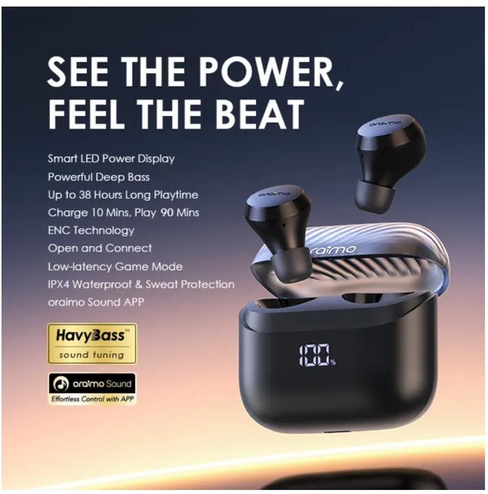[Brand New] Oraimo AirBuds 4 ENC True Wireless Earbuds Up to 38-hour Playtime Immersive Gaming 4-mic Noise Cancellation in Calls Smart LED Power Display Thumping Bass ANC Earbuds Earphones