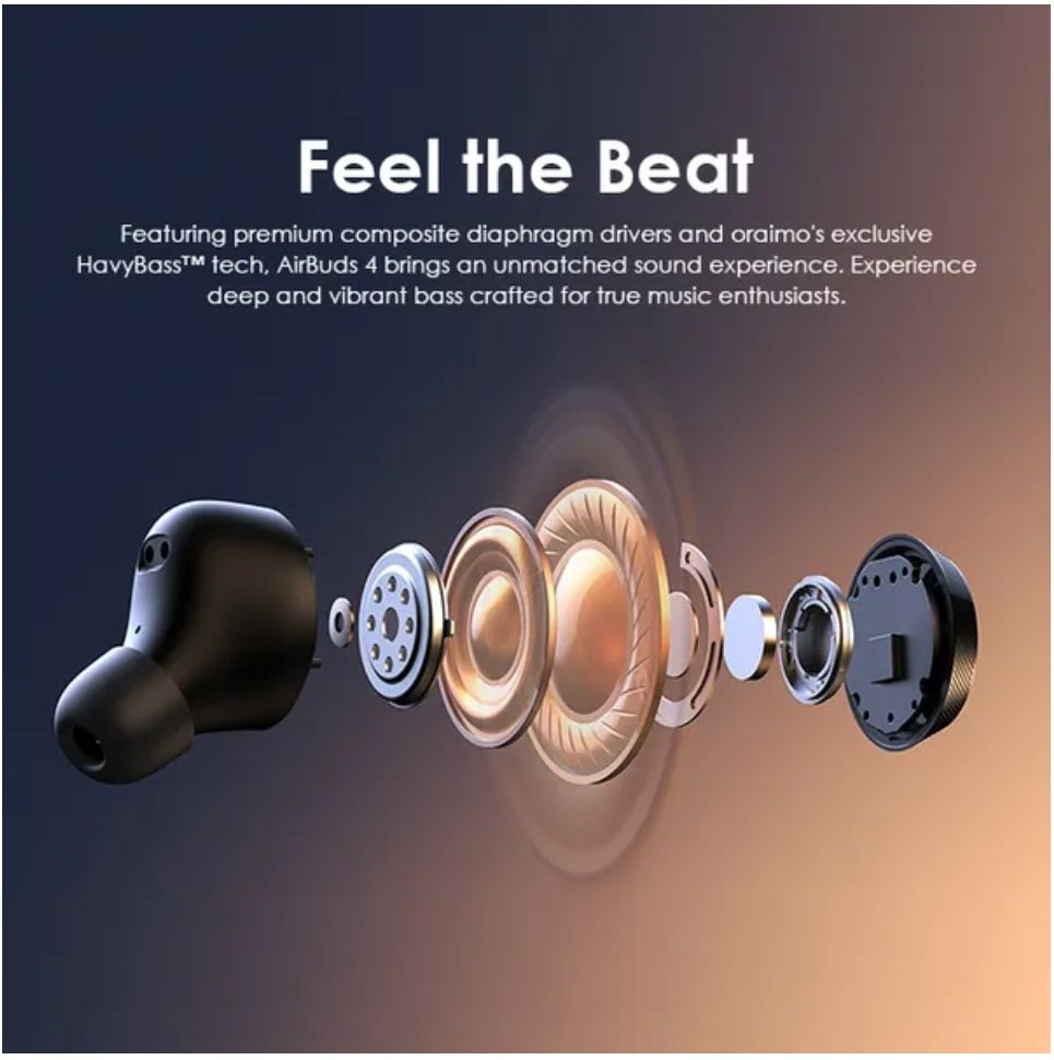 [Brand New] Oraimo AirBuds 4 ENC True Wireless Earbuds Up to 38-hour Playtime Immersive Gaming 4-mic Noise Cancellation in Calls Smart LED Power Display Thumping Bass ANC Earbuds Earphones