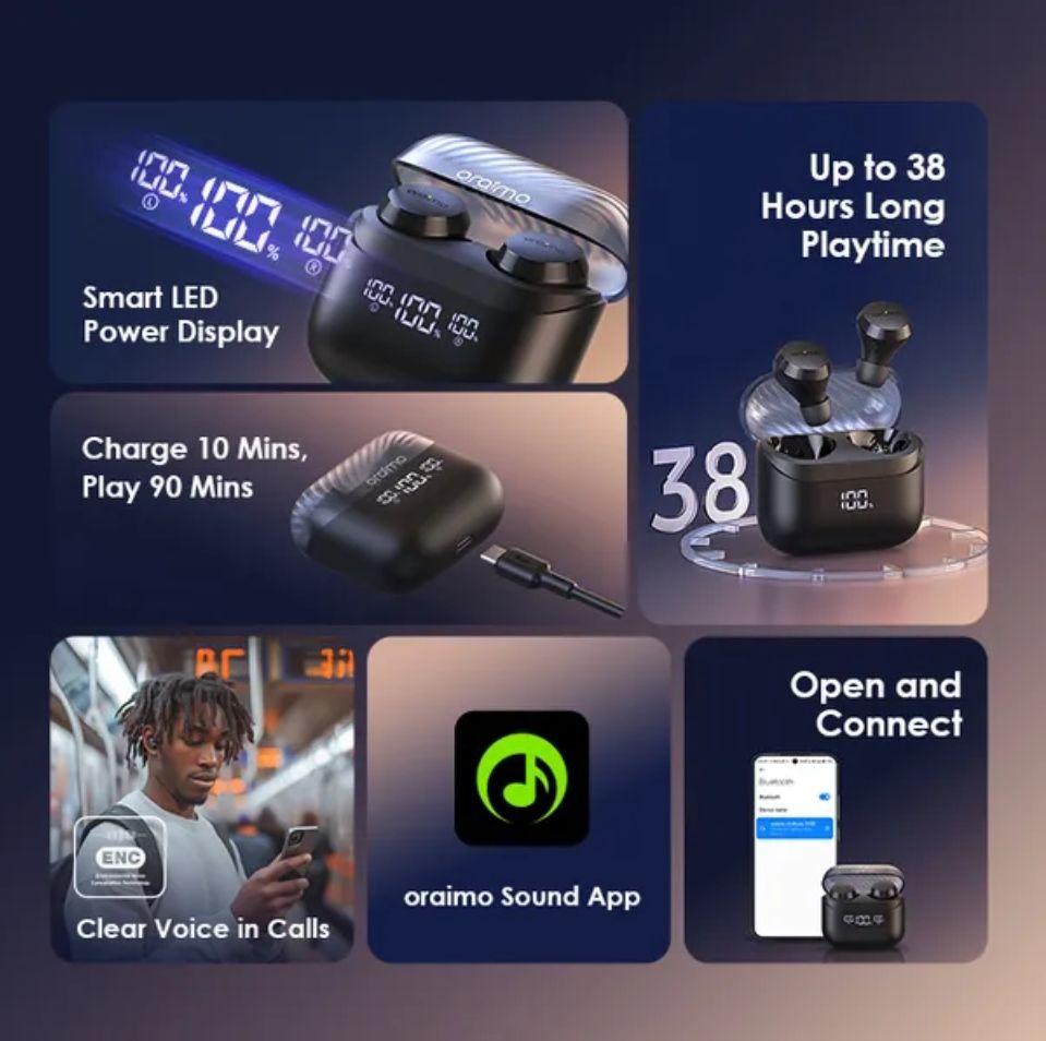 [Brand New] Oraimo AirBuds 4 ENC True Wireless Earbuds Up to 38-hour Playtime Immersive Gaming 4-mic Noise Cancellation in Calls Smart LED Power Display Thumping Bass ANC Earbuds Earphones