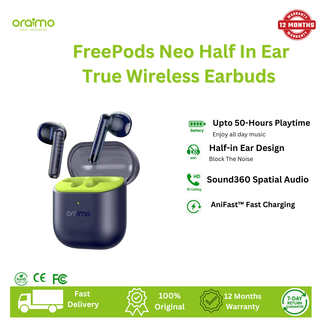 [Brand New] Oraimo FreePods Neo Half In Ear True Wireless Earbuds 50-Hour Long Playtime Sound360 Spatial Audio 2-Mic Call Noise Cancellation Low-latency Game Mode IPX4 Waterproof & Sweat Protection