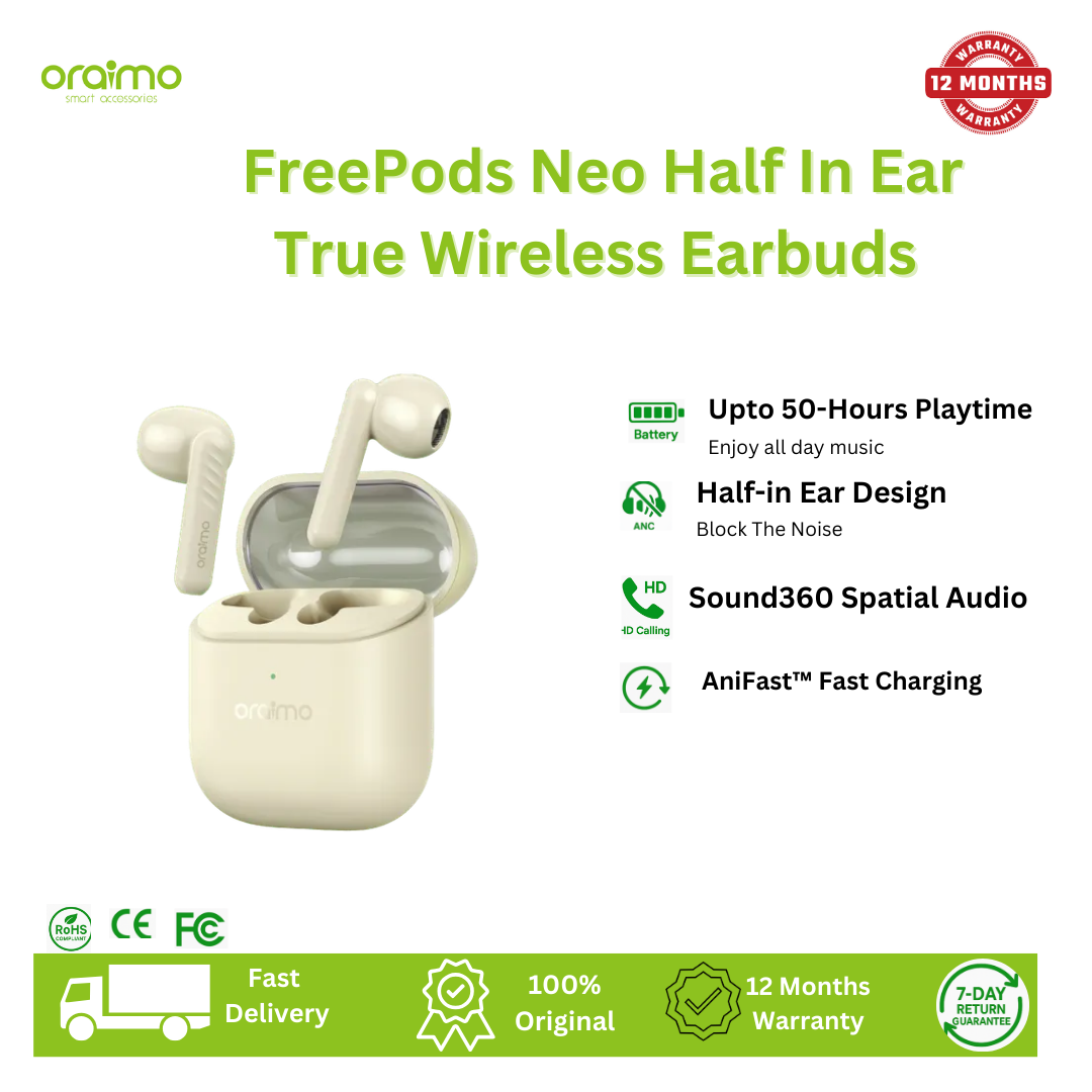 [Brand New] Oraimo FreePods Neo Half In Ear True Wireless Earbuds 50-Hour Long Playtime Sound360 Spatial Audio 2-Mic Call Noise Cancellation Low-latency Game Mode IPX4 Waterproof & Sweat Protection