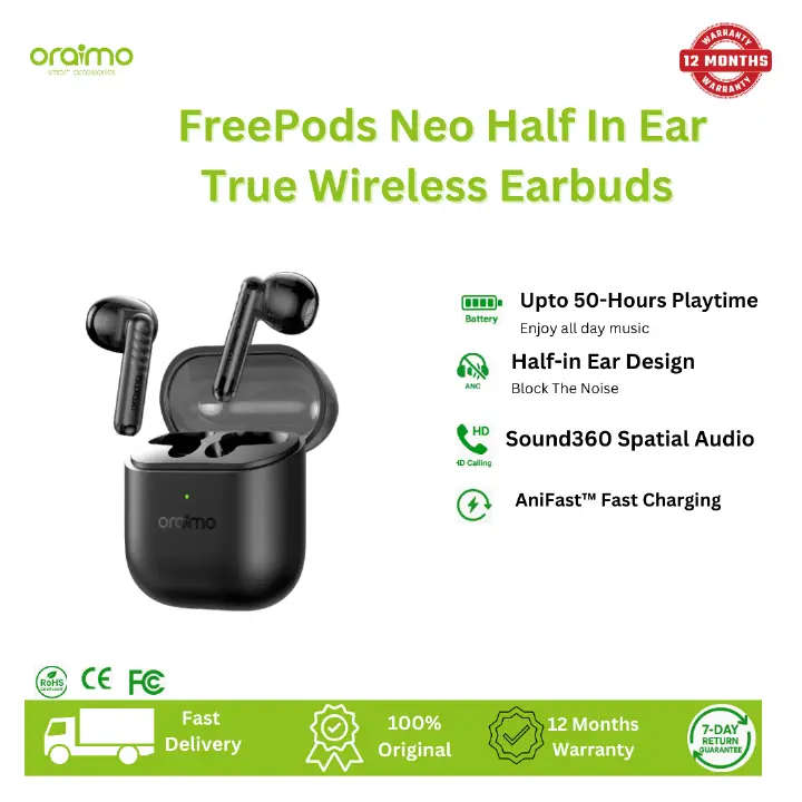 [Brand New] Oraimo FreePods Neo Half In Ear True Wireless Earbuds 50-Hour Long Playtime Sound360 Spatial Audio 2-Mic Call Noise Cancellation Low-latency Game Mode IPX4 Waterproof & Sweat Protection