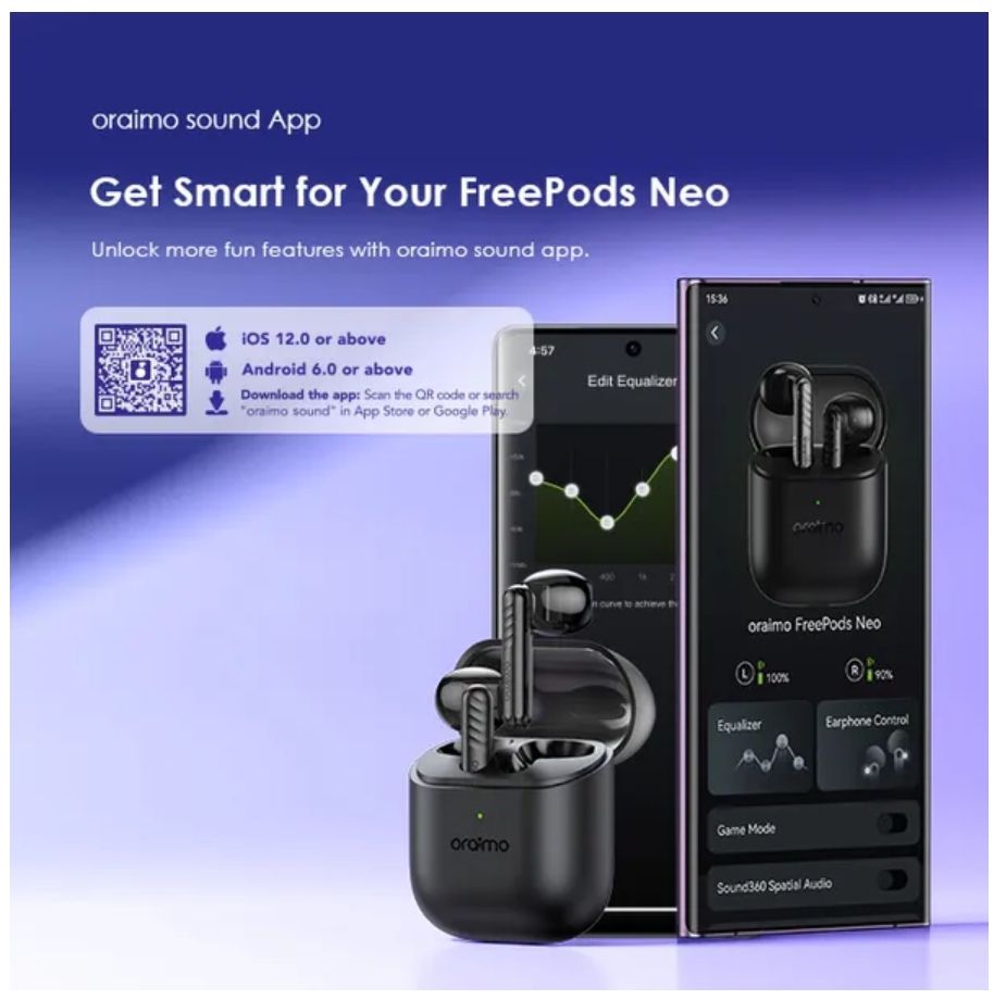 [Brand New] Oraimo FreePods Neo Half In Ear True Wireless Earbuds 50-Hour Long Playtime Sound360 Spatial Audio 2-Mic Call Noise Cancellation Low-latency Game Mode IPX4 Waterproof & Sweat Protection