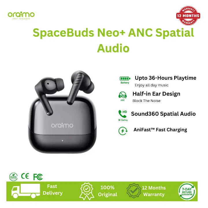 [New Arrival] Oraimo SpaceBuds Neo+ ANC Spatial Audio True Wireless Earphones Elegant Metallic Design Sound360 Spatial Audio 30-Hour Long Playtime 2-Mic Call Noise Cancellation Low-Latency Earbuds