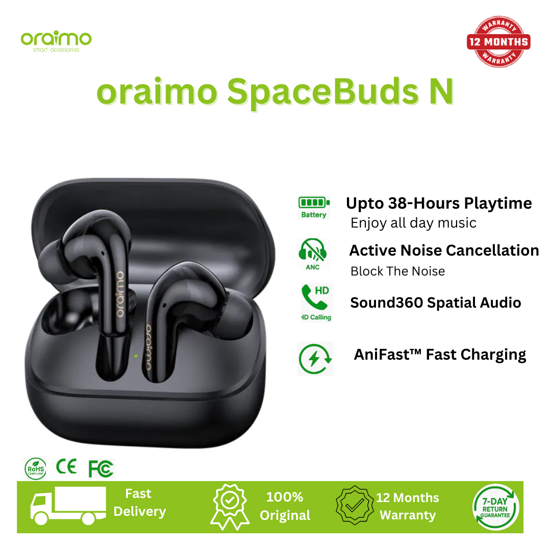 [Brand Deal] Oraimo SpaceBuds N ANC True Wireless Earbuds Active Noise Cancellation Sound360 Spatial Audio HavyBass™ Sound Tuning Up to 38-Hour Long Playtime Dual Device Connectivity IPX5 Earphones