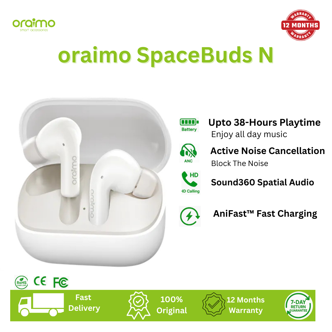 [Brand Deal] Oraimo SpaceBuds N ANC True Wireless Earbuds Active Noise Cancellation Sound360 Spatial Audio HavyBass™ Sound Tuning Up to 38-Hour Long Playtime Dual Device Connectivity IPX5 Earphones