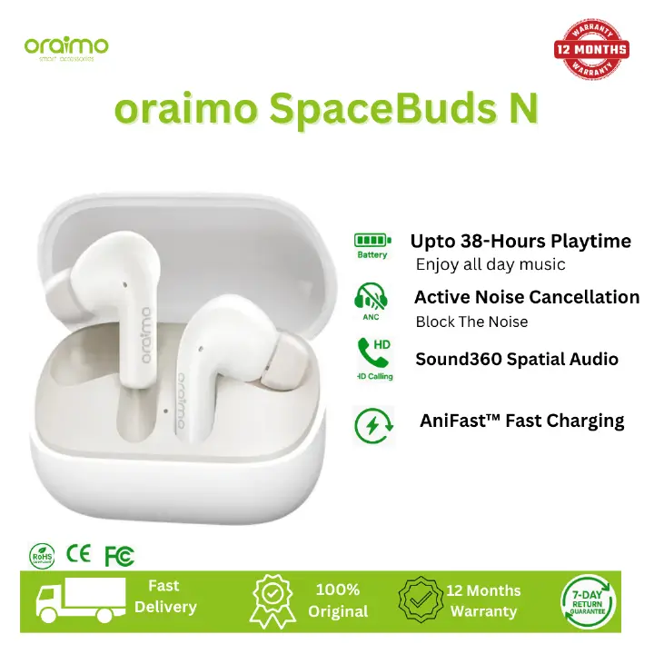[Brand Deal] Oraimo SpaceBuds N ANC True Wireless Earbuds Active Noise Cancellation Sound360 Spatial Audio HavyBass™ Sound Tuning Up to 38-Hour Long Playtime Dual Device Connectivity IPX5 Earphones