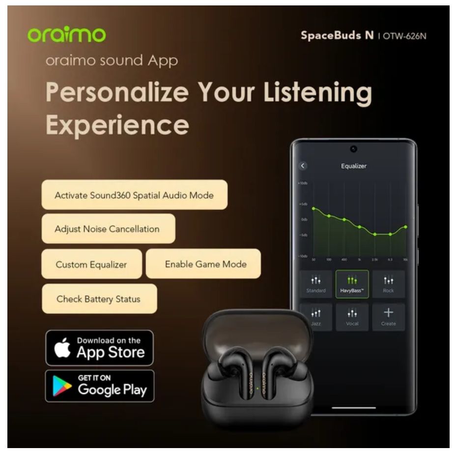 [Brand Deal] Oraimo SpaceBuds N ANC True Wireless Earbuds Active Noise Cancellation Sound360 Spatial Audio HavyBass™ Sound Tuning Up to 38-Hour Long Playtime Dual Device Connectivity IPX5 Earphones