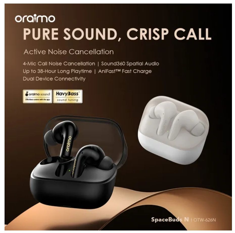 [Brand Deal] Oraimo SpaceBuds N ANC True Wireless Earbuds Active Noise Cancellation Sound360 Spatial Audio HavyBass™ Sound Tuning Up to 38-Hour Long Playtime Dual Device Connectivity IPX5 Earphones