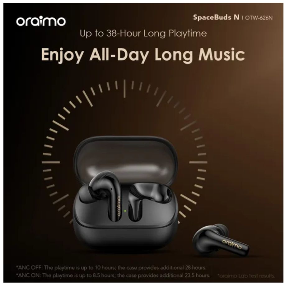 [Brand Deal] Oraimo SpaceBuds N ANC True Wireless Earbuds Active Noise Cancellation Sound360 Spatial Audio HavyBass™ Sound Tuning Up to 38-Hour Long Playtime Dual Device Connectivity IPX5 Earphones