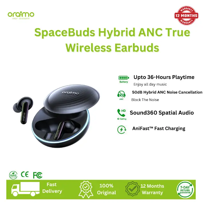 [New Arrival] Oraimo SpaceBuds Hybrid ANC True Wireless Earbuds Customized Voice Prompt 40-Hour Long Playtime Personalized Lighting Effect 50dB Hybrid ANC Noise Cancellation IP54 Earbuds Earphones