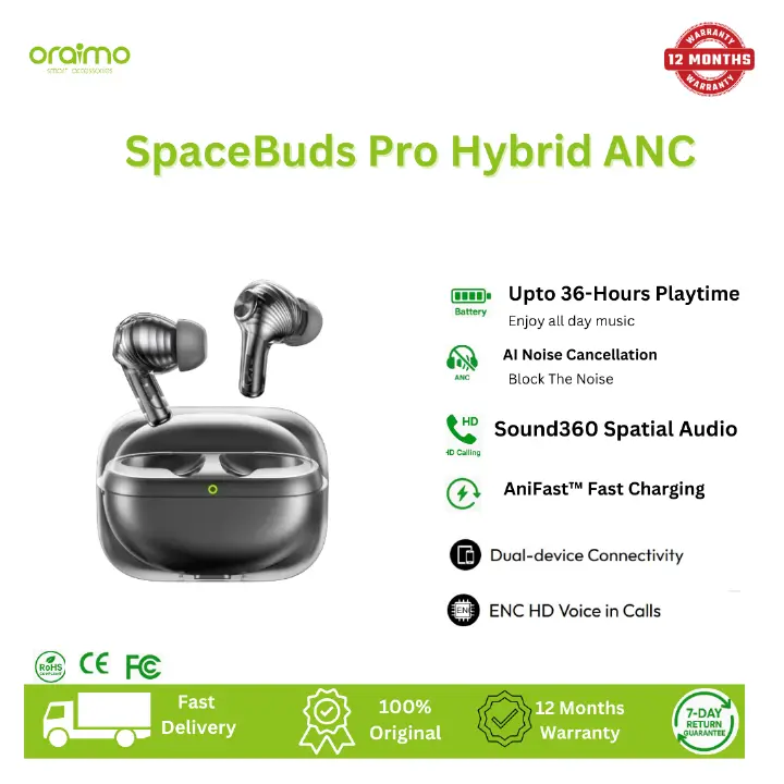 [New Arrival] Oraimo SpaceBuds Pro Hybrid ANC True Wireless Earbuds 50dB Hybrid ANC Noise Cancellation Sound360 Spatial Audio AI Noise Cancellation Dual Device Connection Earbuds Earphones