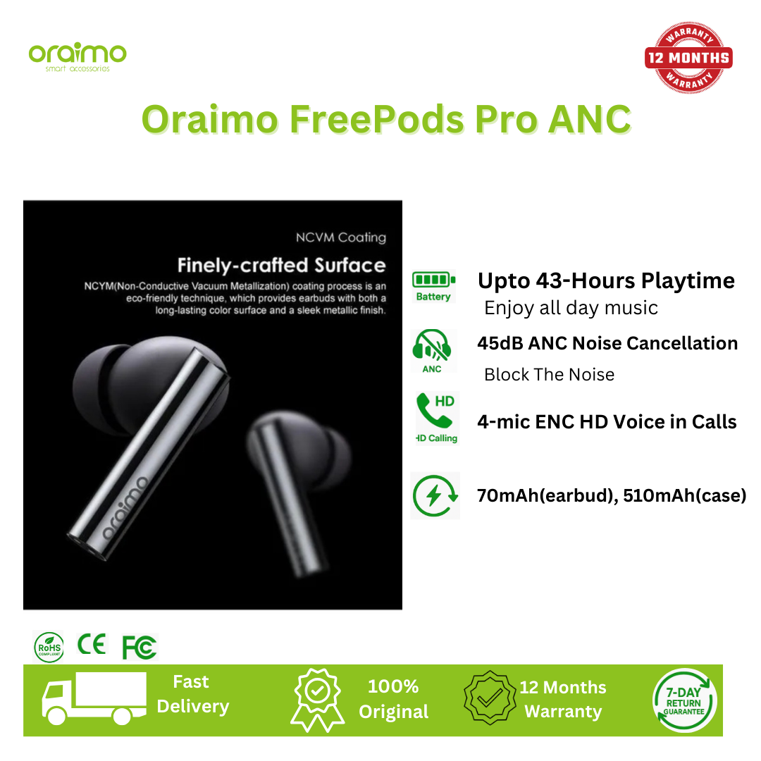[New Arrival] Oraimo FreePods Pro ANC True Wireless Earbuds 45dB ANC Noise Cancellation 4-mic ENC HD Voice in Calls Dual Device Connection Earbuds Earphones
