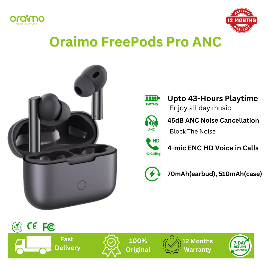 [New Arrival] Oraimo FreePods Pro ANC True Wireless Earbuds 45dB ANC Noise Cancellation 4-mic ENC HD Voice in Calls Dual Device Connection Earbuds Earphones