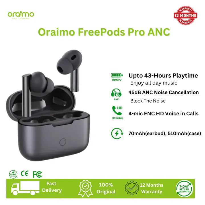[New Arrival] Oraimo FreePods Pro ANC True Wireless Earbuds 45dB ANC Noise Cancellation 4-mic ENC HD Voice in Calls Dual Device Connection Earbuds Earphones