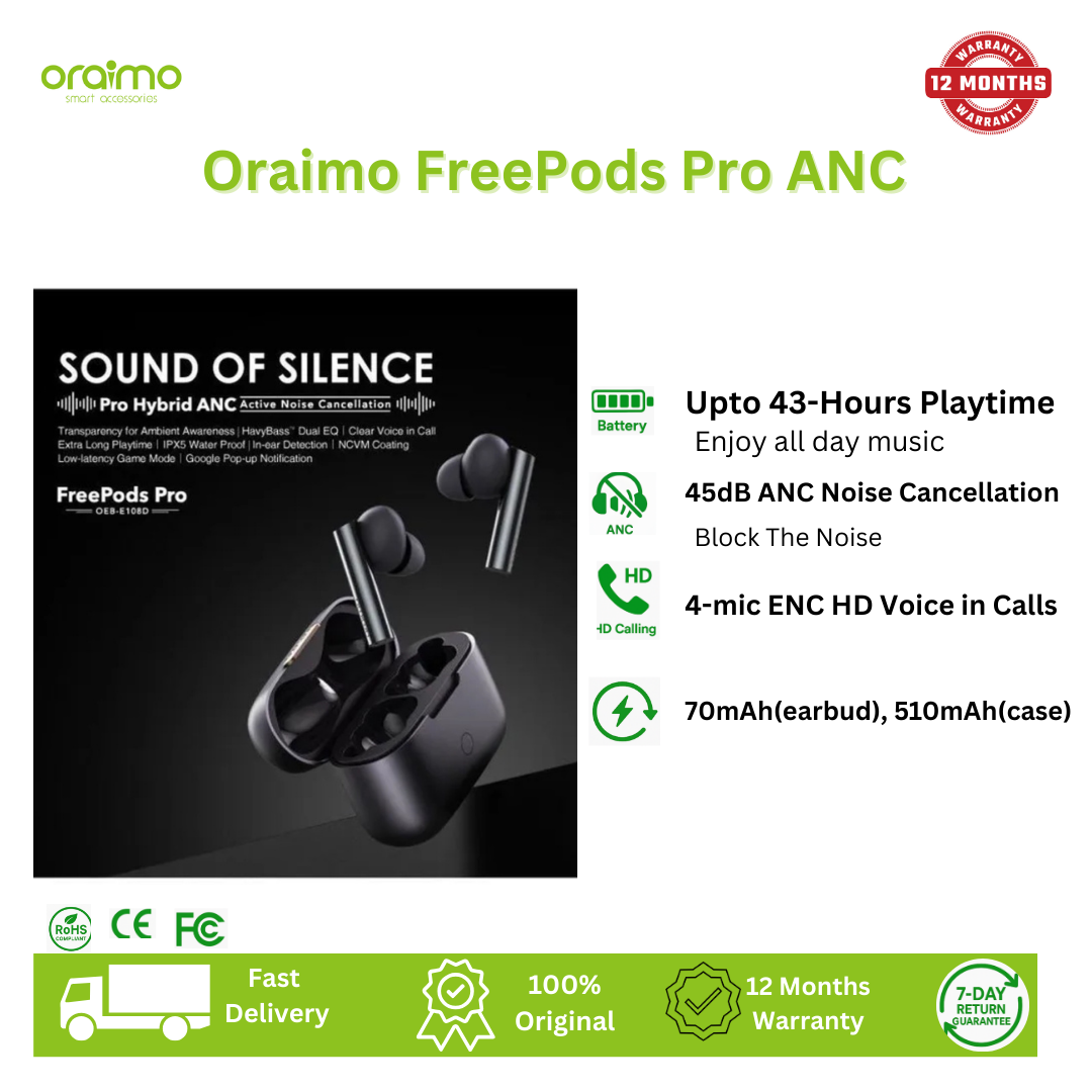 [New Arrival] Oraimo FreePods Pro ANC True Wireless Earbuds 45dB ANC Noise Cancellation 4-mic ENC HD Voice in Calls Dual Device Connection Earbuds Earphones