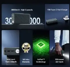 Oraimo Power Bank  30000mAh Powerbox 300 Lit  15W Type-C IN & OUT 3A Fast Charging (111Wh),Multi-Protection Safety System.