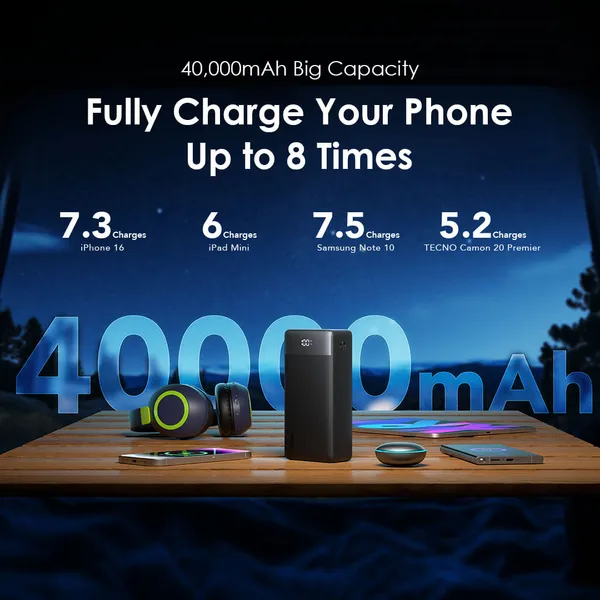 Oraimo  Power Bank PowerBox 400 Vision OPB-7400Q 22.5W 40,000mAh 4 Output & 2 input Ports & LED Display-40,000mAh ,Fully charge phone up to 8 times.