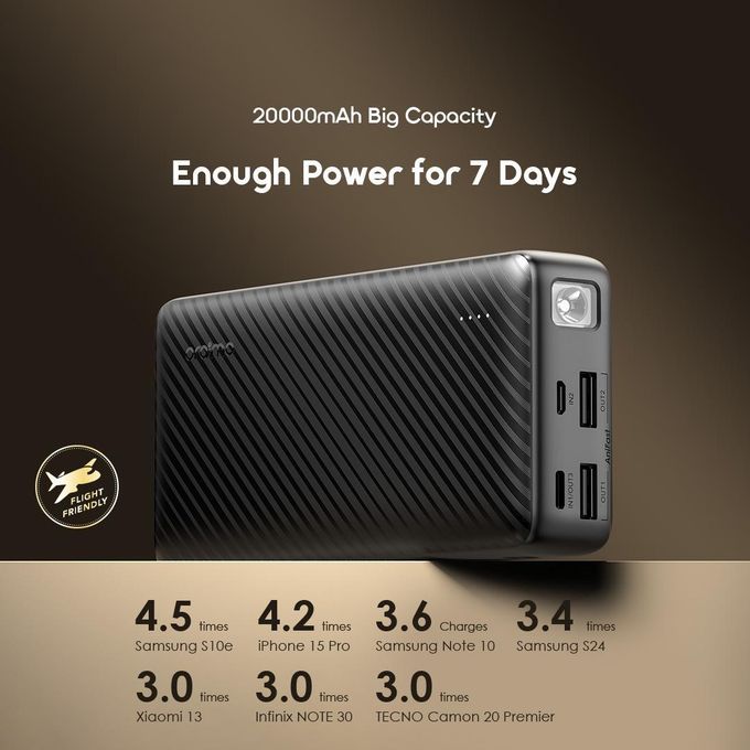 Oraimo Power Bank Traveler 15 OPB-1201P 15W 20,000mAh Fast charging power bank with Type C Output ,15W Fast Charging, Type-C Output + Multiple Ports, LED Power Indicator, Universal Compatibility